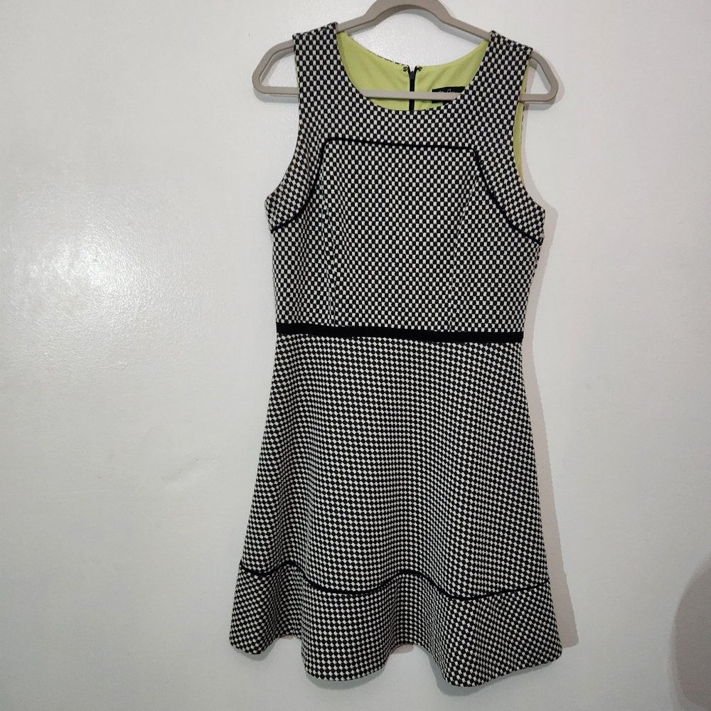 Oleg Cassini Size 12 Black White Checkered Skater Dress Sleeveless Mod Stretch